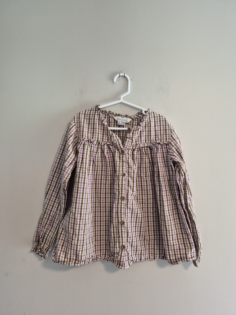 Souris Mini Girls 8 Purple & Green Plaid Long Sleeve Buttkn Down Blouse Top